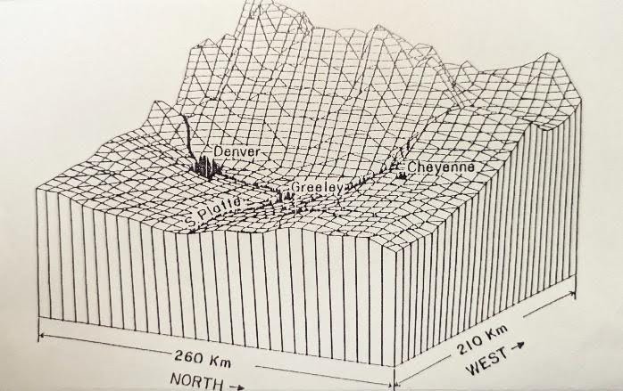 3-dimensional topographic map of Denver Front Range area.