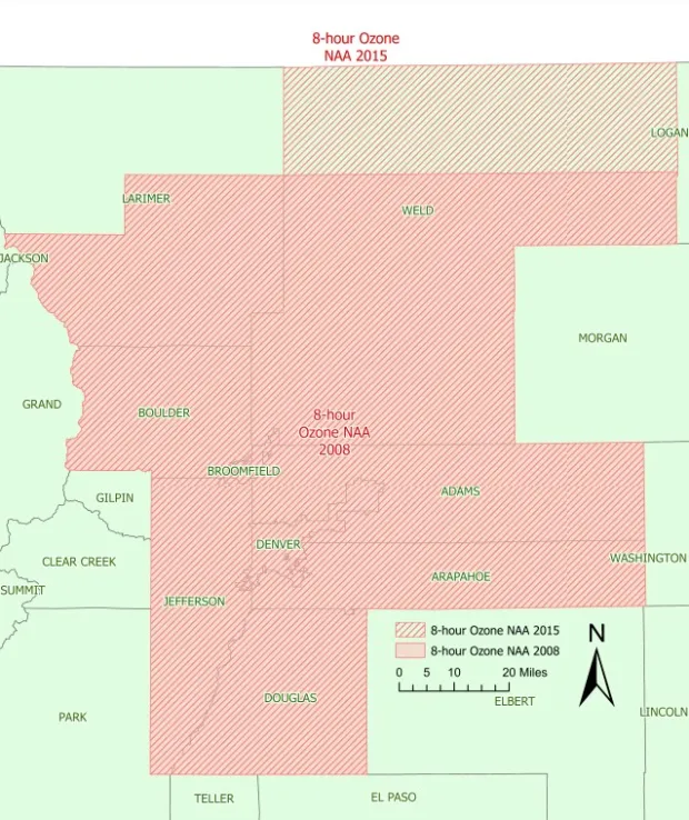 8 Hour Ozone NAA 2015 Map showing Front Range area