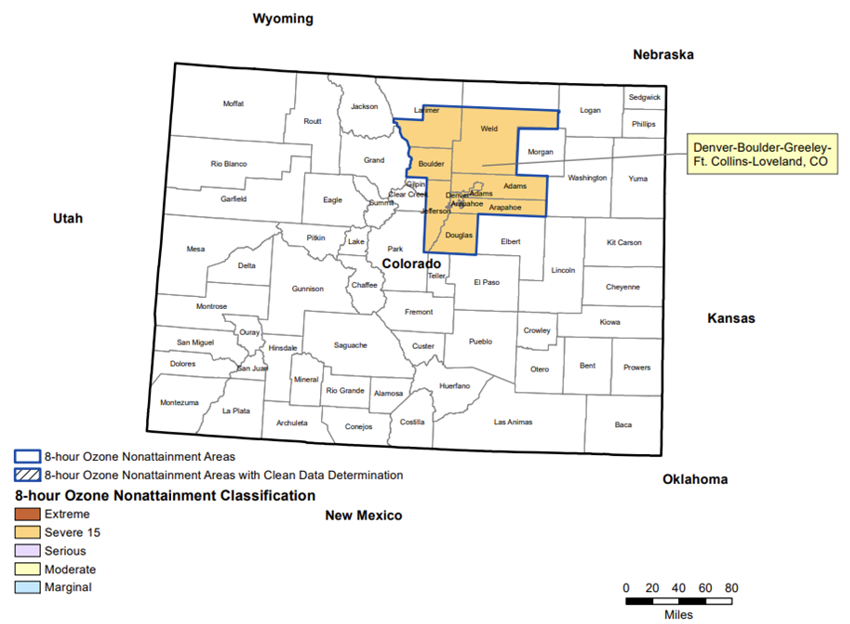 Figure 1 - Severe Ozone Nonattainment Area in Colorado. Map of Colorado, with Douglas, Jefferson, Arapahoe, Adams, Boulder, Weld and Larimer counties highlighted in yellow to show 8-hour Ozone Nonattainment Classification of Severe 15.