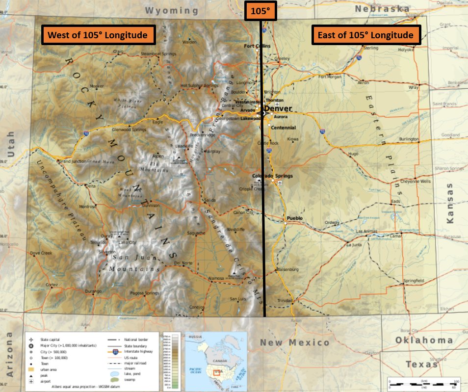 Colorado state map displaying 105 degrees longitude running alongside I-25.