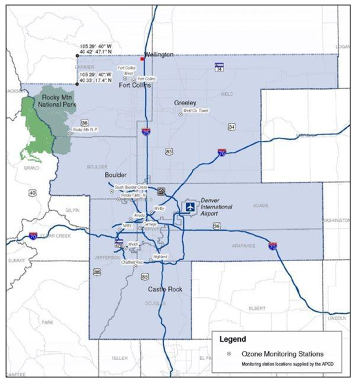 Map of Denver Front Range Ozone Non-attainment area