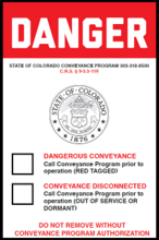 State of Colorado Conveyance Program Device Shut Down red tag